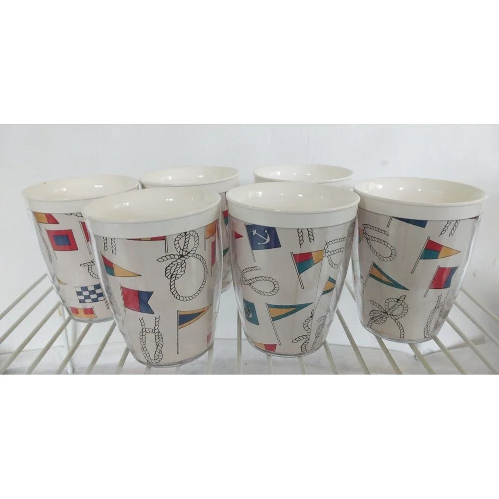 1960s Nautical Theme Insulated Plastic Cups Boat Flags & Knots set of 6